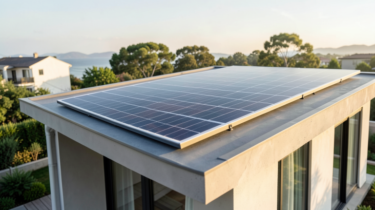 panneau solaire souple 200w installé sur le toit d'une maison écologique