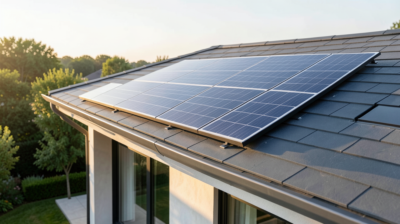 panneau solaire souple 200w fixé sur le toit d'une maison moderne sous un ciel clair
