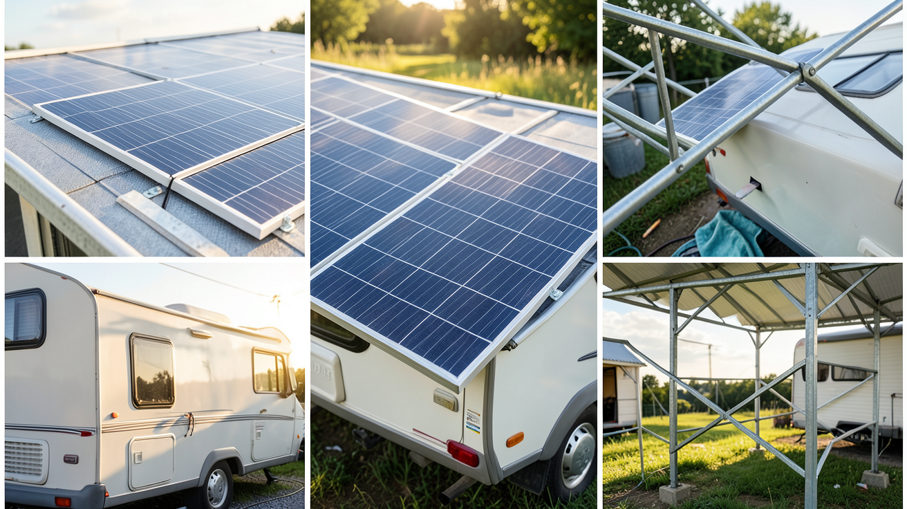 panneau solaire souple 300w 12v en cours d'installation sur toit plat, carrosserie de camping-car et structure métallique