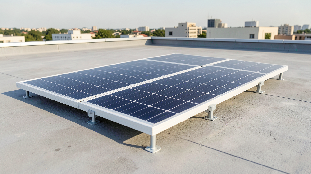 panneau solaire souple 300W installé sur un toit-terrasse plat avec vue dégagée