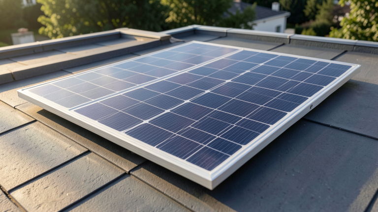 panneau solaire souple 300w installé sur une terrasse en toiture avec une lumière naturelle