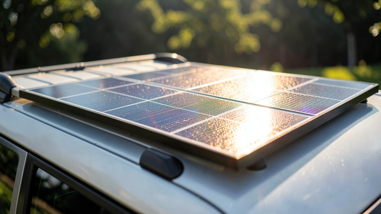 panneau solaire souple 500w fixé sur le toit incurvé d'un camping-car sous un ciel dégagé