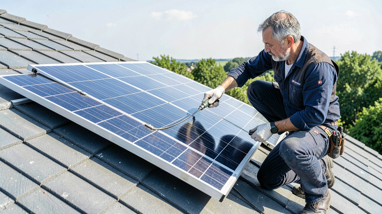 panneau solaire souple 500w installé sur un toit avec le technicien en pleine opération, vue rapprochée.