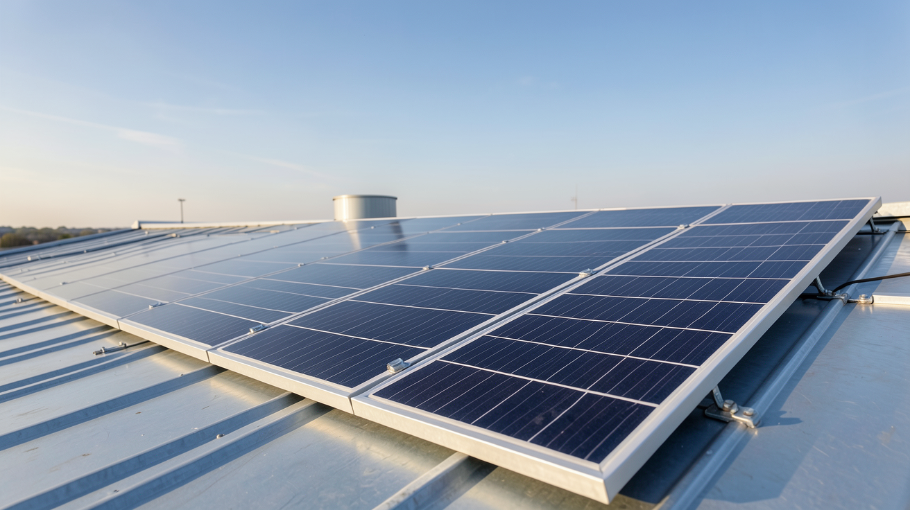 panneau solaire souple installé sur un toit métallique plat, comparé aux panneaux rigides en arrière-plan