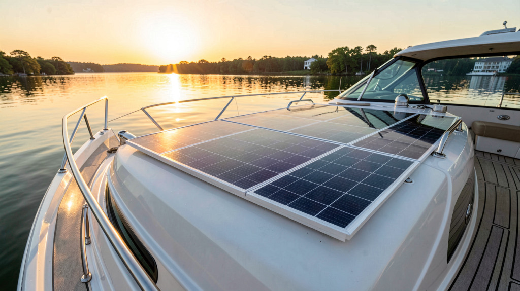 panneau solaire souple installé sur le pont d'un bateau de plaisance avec une lumière dorée du coucher de soleil