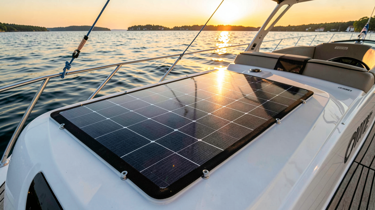 panneau solaire souple noir installé sur le pont d'un bateau de plaisance