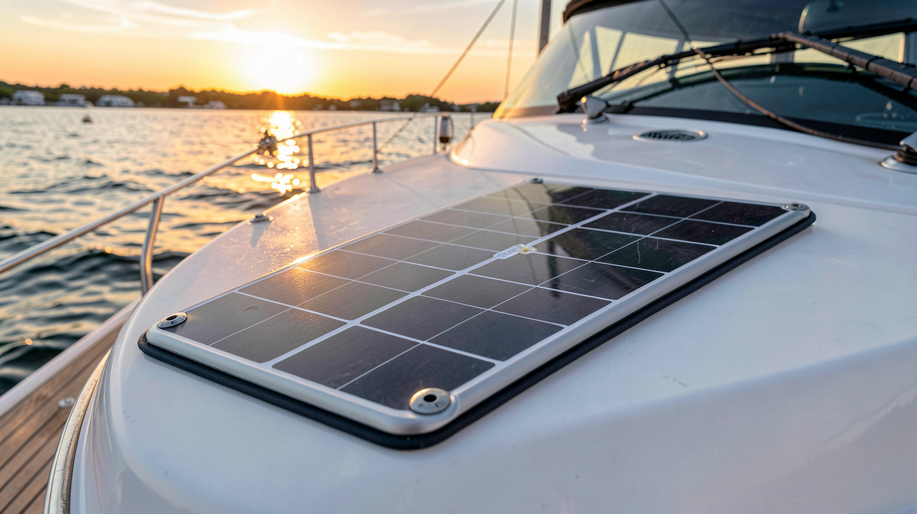 panneau solaire souple installé sur la coque d'un bateau de plaisance