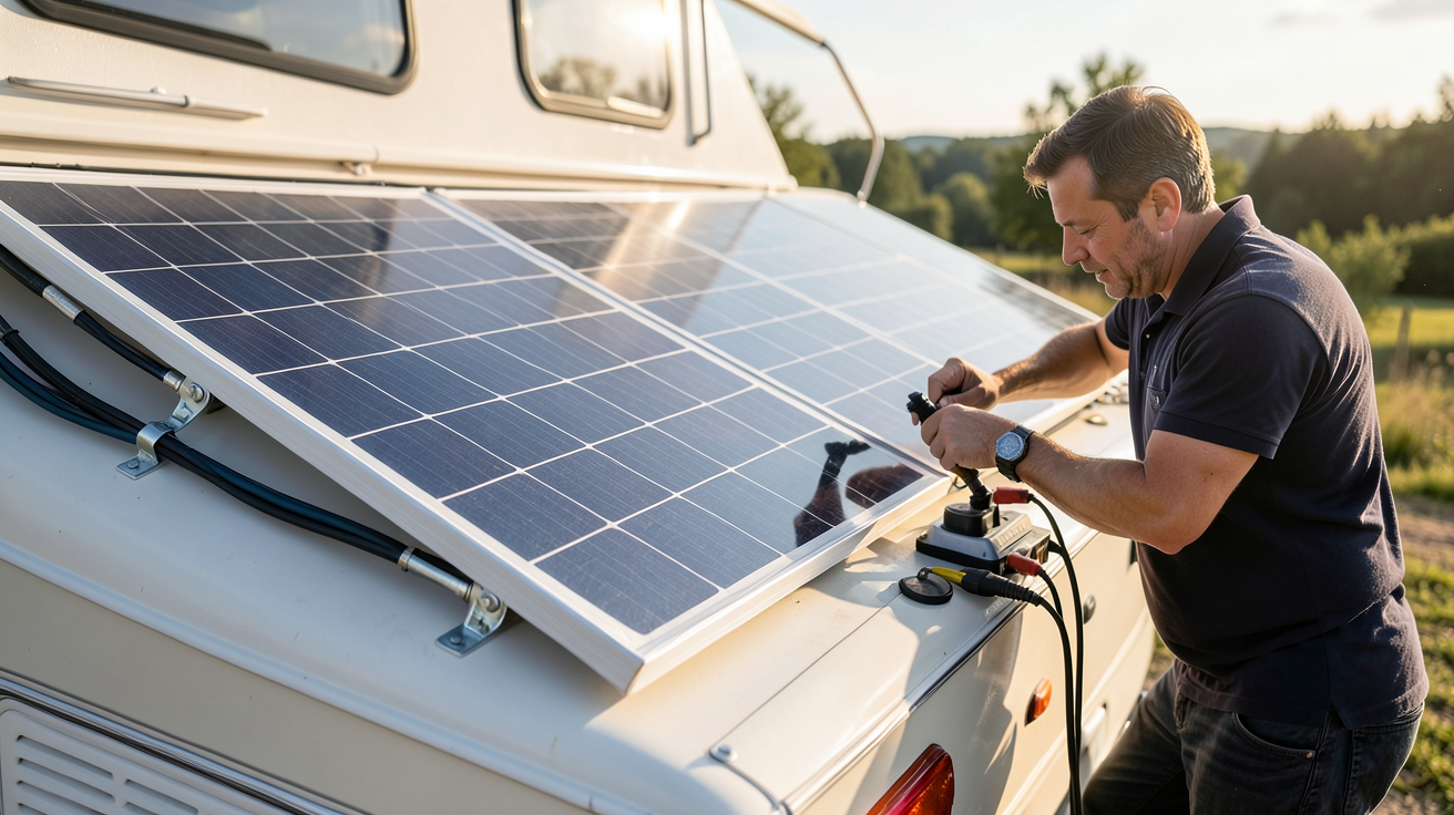 panneau solaire souple installé sur le toit d'un camping-car avec un installateur en train de le fixer