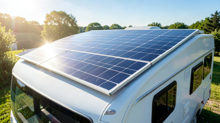 panneau solaire souple installé sur le toit d'un véhicule de loisirs sous un soleil radieux