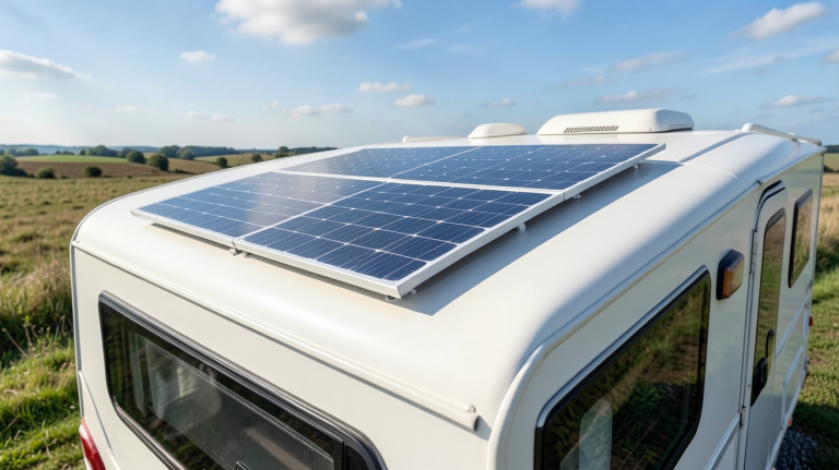 panneau solaire souple camping car installé sur le toit d'un van aménagé, capturant la lumière du soleil pour une énergie propre