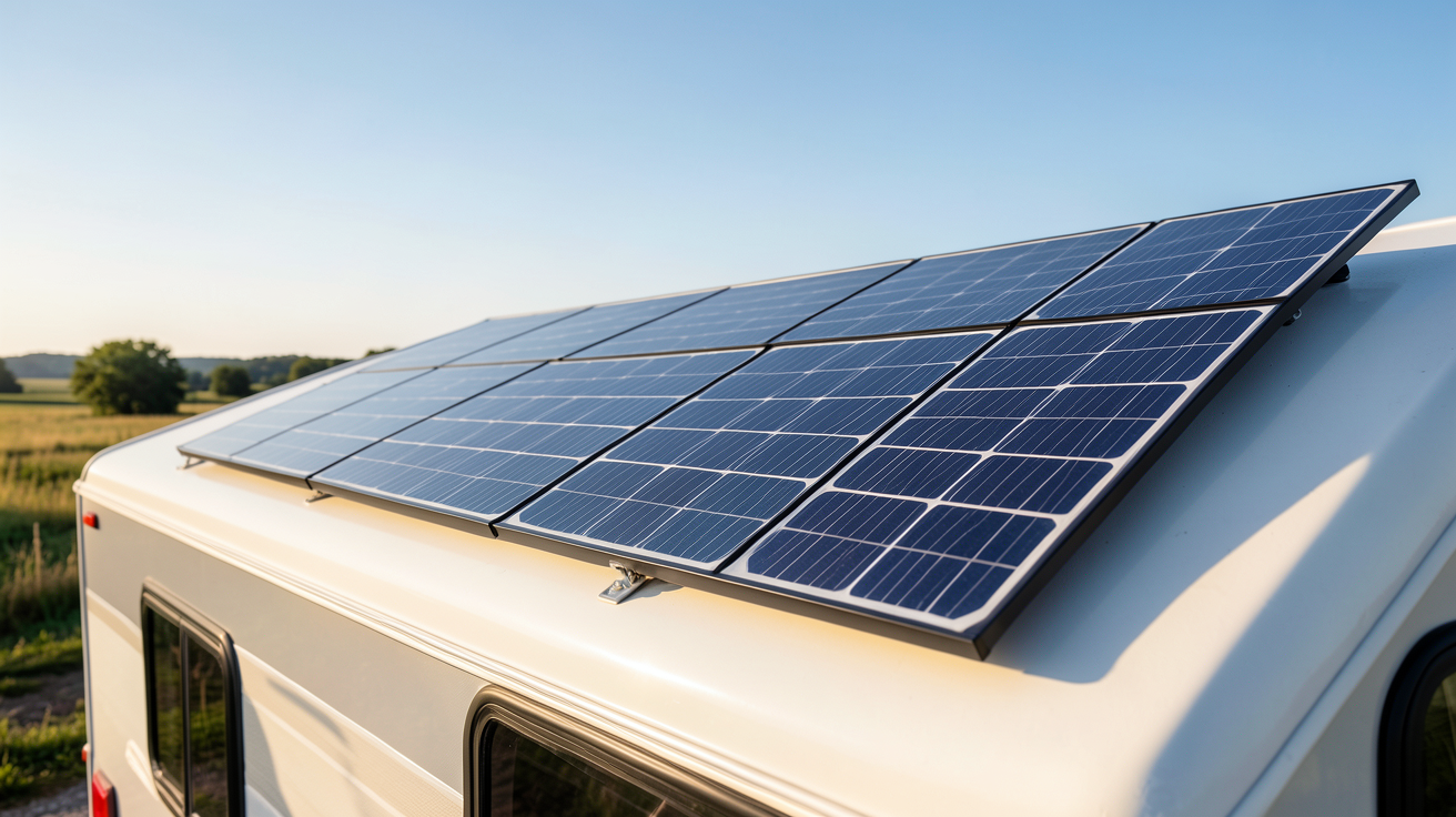panneau solaire souple installé sur le toit d'un camping-car avec vue sur le ciel dégagé
