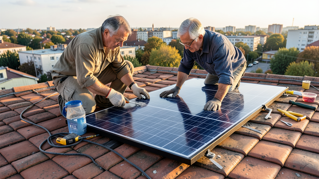 panneau solaire souple en cours d'installation sur un toit par un professionnel