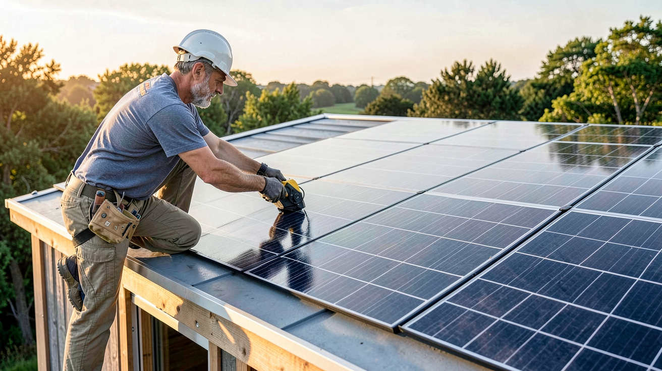 panneau solaire souple installé sur le toit plat d'une tiny house moderne pour un projet d'autonomie énergétique