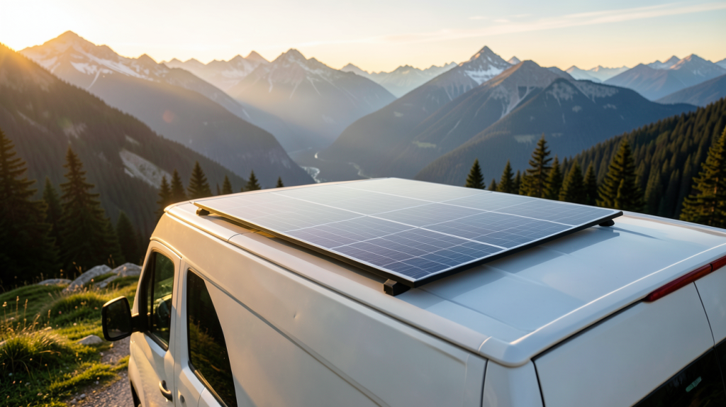 panneau solaire souple pour van installé sur le toit d'un véhicule de voyage en pleine nature