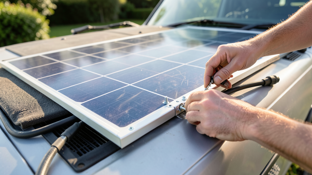 panneau solaire souple pour van en cours d'installation sur le toit d'un véhicule aménagé