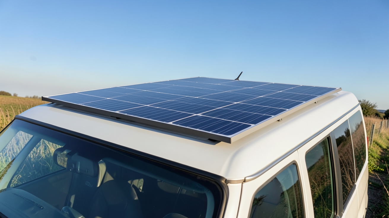 panneau solaire souple installé sur le toit d'un van aménagé