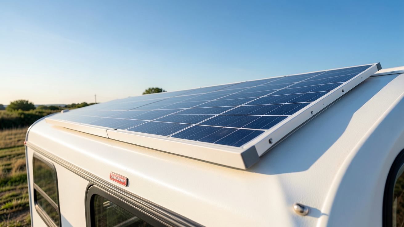 panneau solaire souple SunPower 200W installé sur le toit d'un camping-car en extérieur