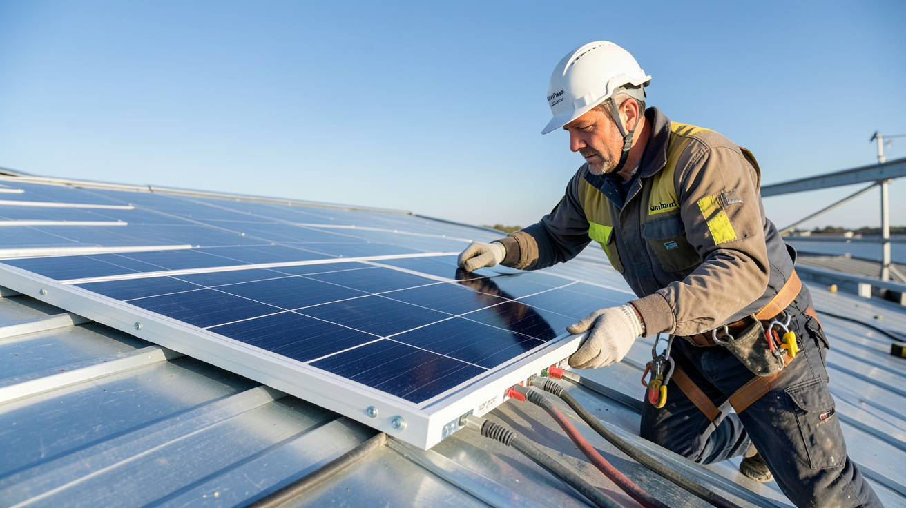 panneau solaire souple SunPower 200W en cours d'installation sur un toit métallique avec un professionnel fixant les rails de montage