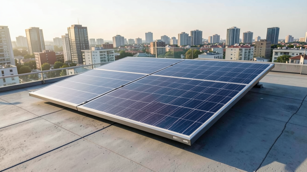 panneau solaire souple SunPower 200W installé sur un toit-terrasse en milieu urbain