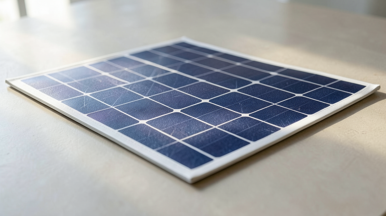 panneau solaire souple déployé sur une surface plane montrant sa technologie et ses matériaux innovants