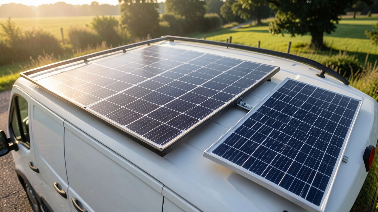 panneau solaire souple installé sur le toit d'un van aménagé avec un panneau rigide posé à côté pour comparaison