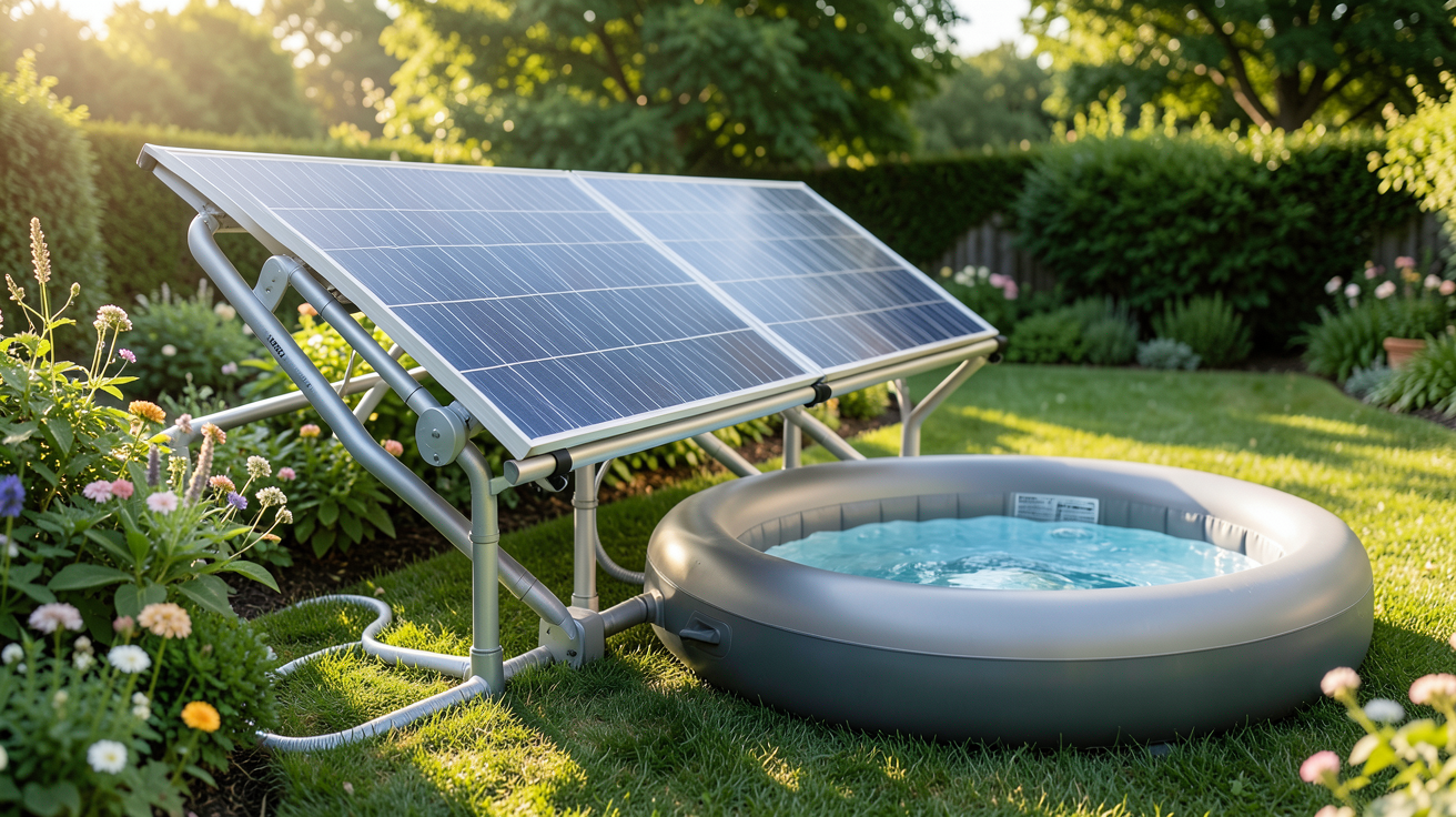 panneau solaire spa thermique installé dans un jardin avec un spa gonflable moderne en arrière-plan