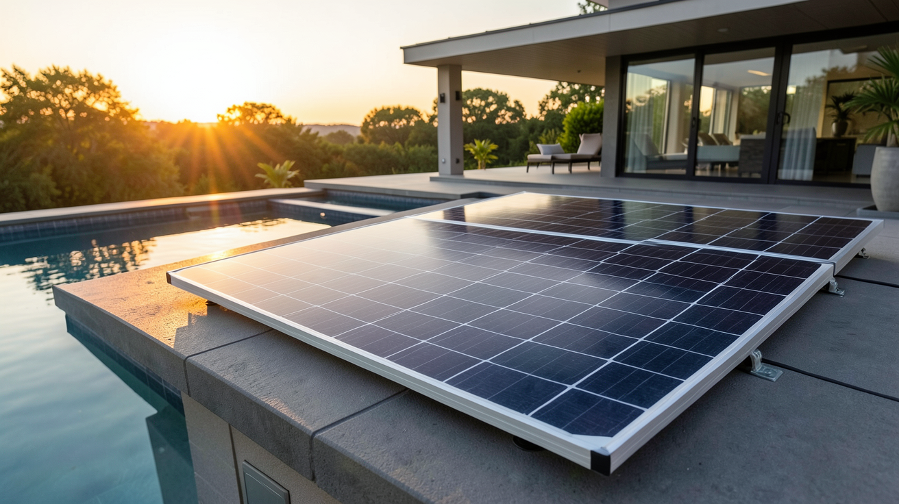 panneau solaire spa technologie monocristallin installé sur un toit à côté d'un jacuzzi moderne