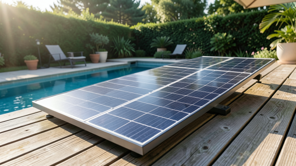 panneau solaire installé sur une terrasse en bois près d'un spa extérieur