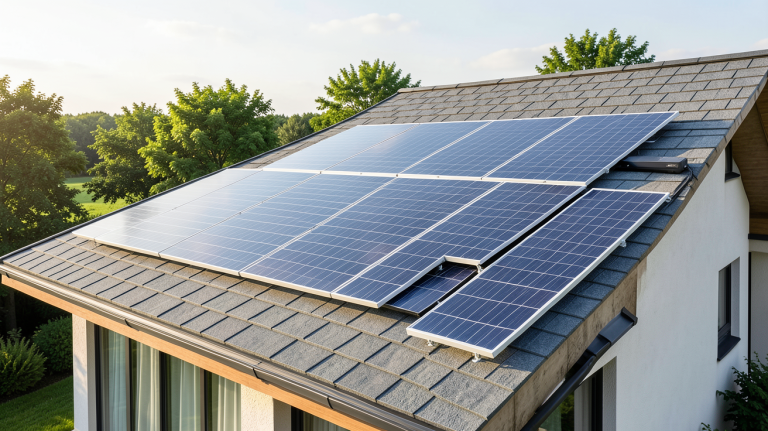 panneau solaire stockage avec batterie installée sur le toit d'une maison écologique