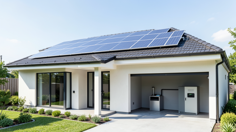 panneau solaire stockage batterie installé sur un toit résidentiel avec une unité de stockage domestique