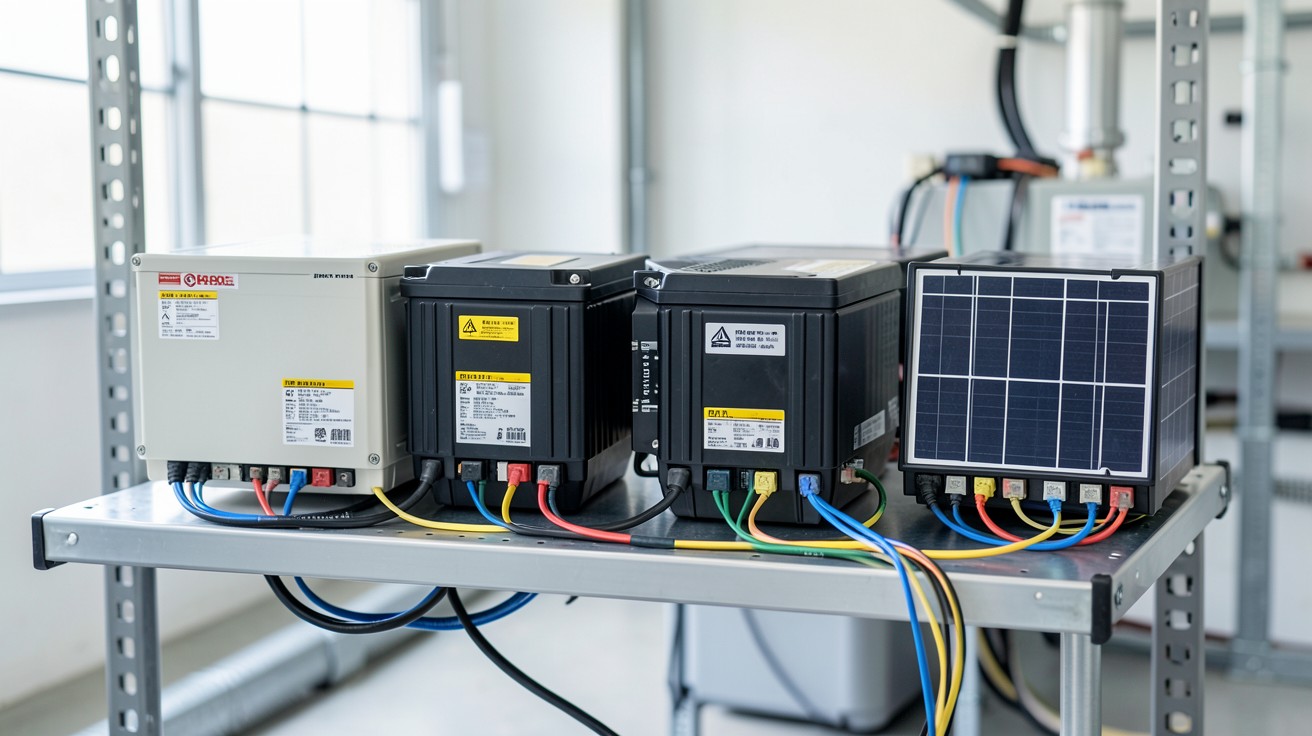 panneau solaire stockage batterie : différents types de batteries solaires (lithium-ion, plomb-acide, gel) alignées sur une étagère métallique