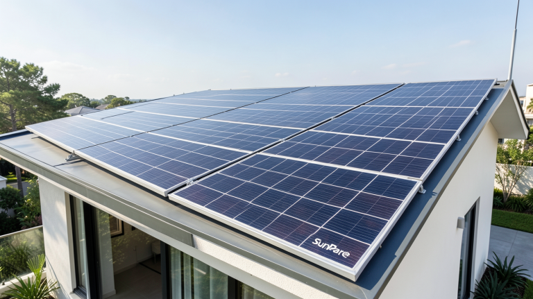 panneau solaire sun power installé sur le toit d'une maison moderne, capturé en haute résolution avec un éclairage naturel