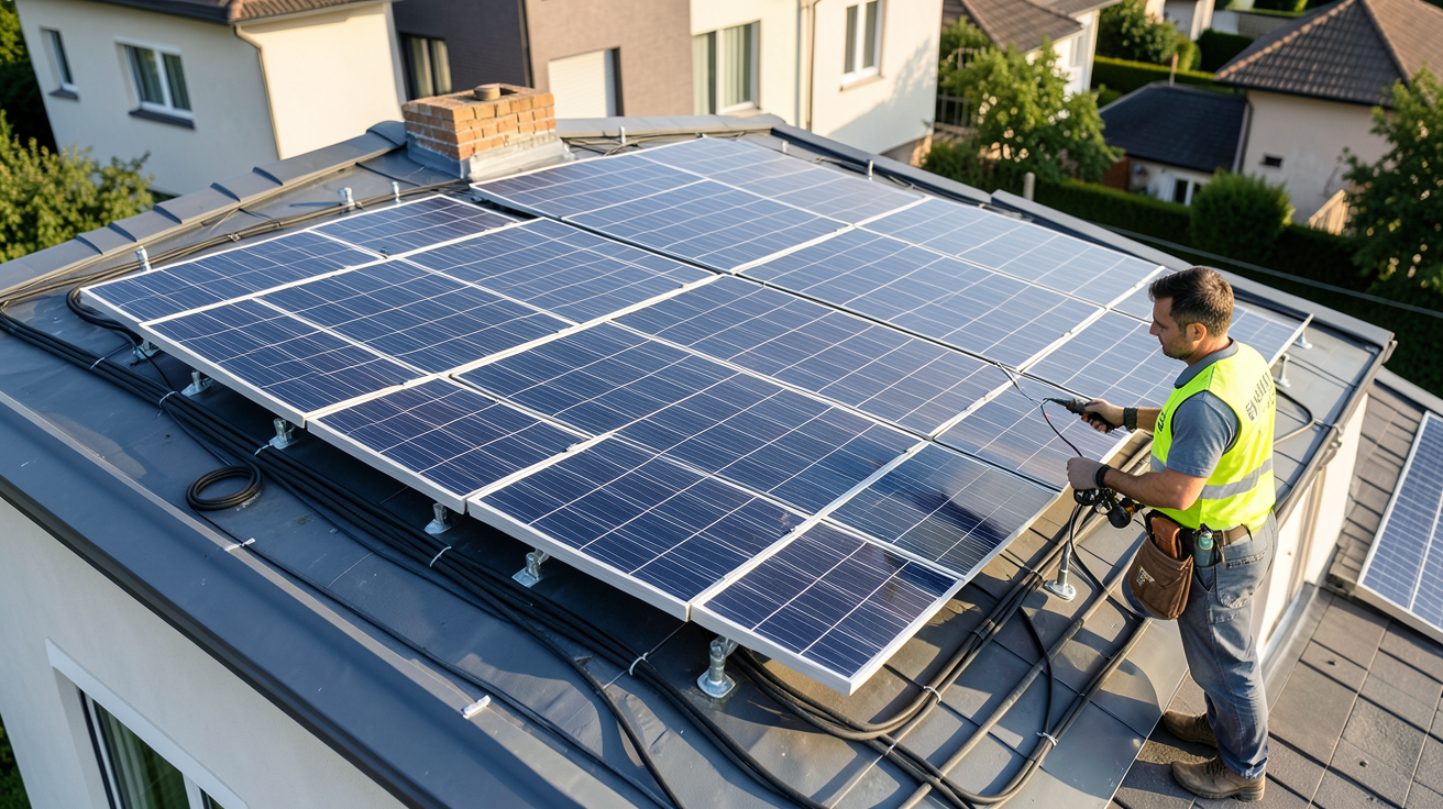 panneau solaire Sunology en cours d'installation sur un toit de maison avec un technicien professionnel