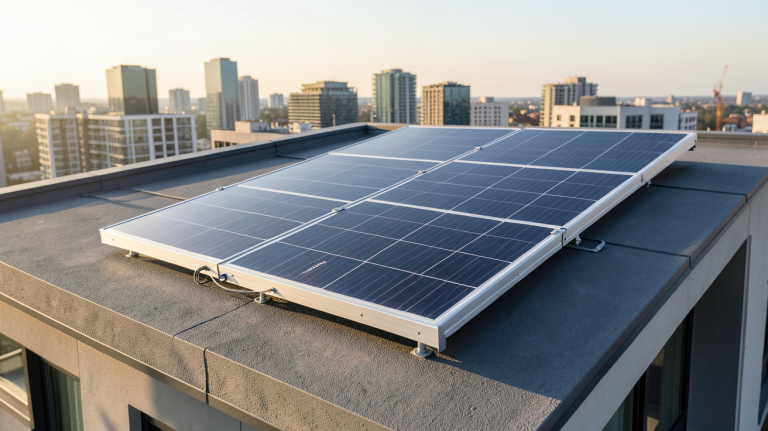 panneau solaire Sunology installé sur le toit d'une maison urbaine moderne