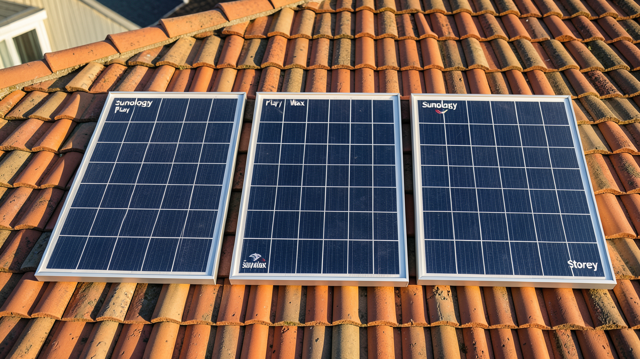 panneau solaire Sunology trois modèles Play Play Max Storey alignés sur un toit