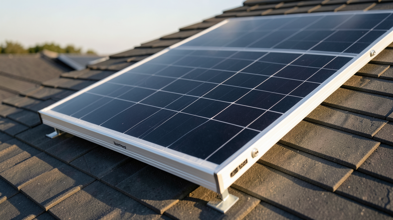 panneau solaire SunPower 375W posé sur un toit incliné avec détails techniques visibles