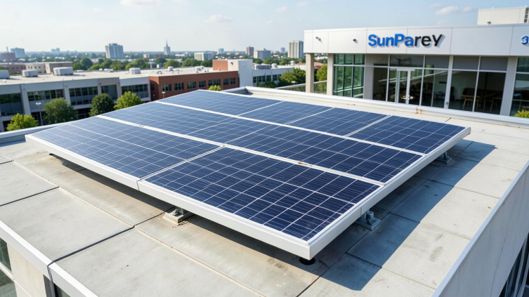 panneau solaire sunpower 375w installé sur le toit d'un bâtiment commercial, capturé en haute résolution