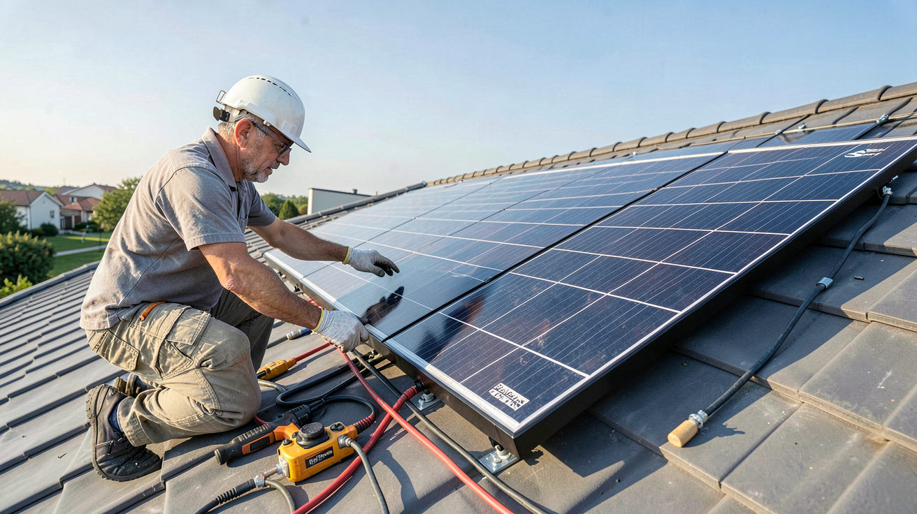 panneau solaire SunPower 435W en cours d'installation sur un toit de maison