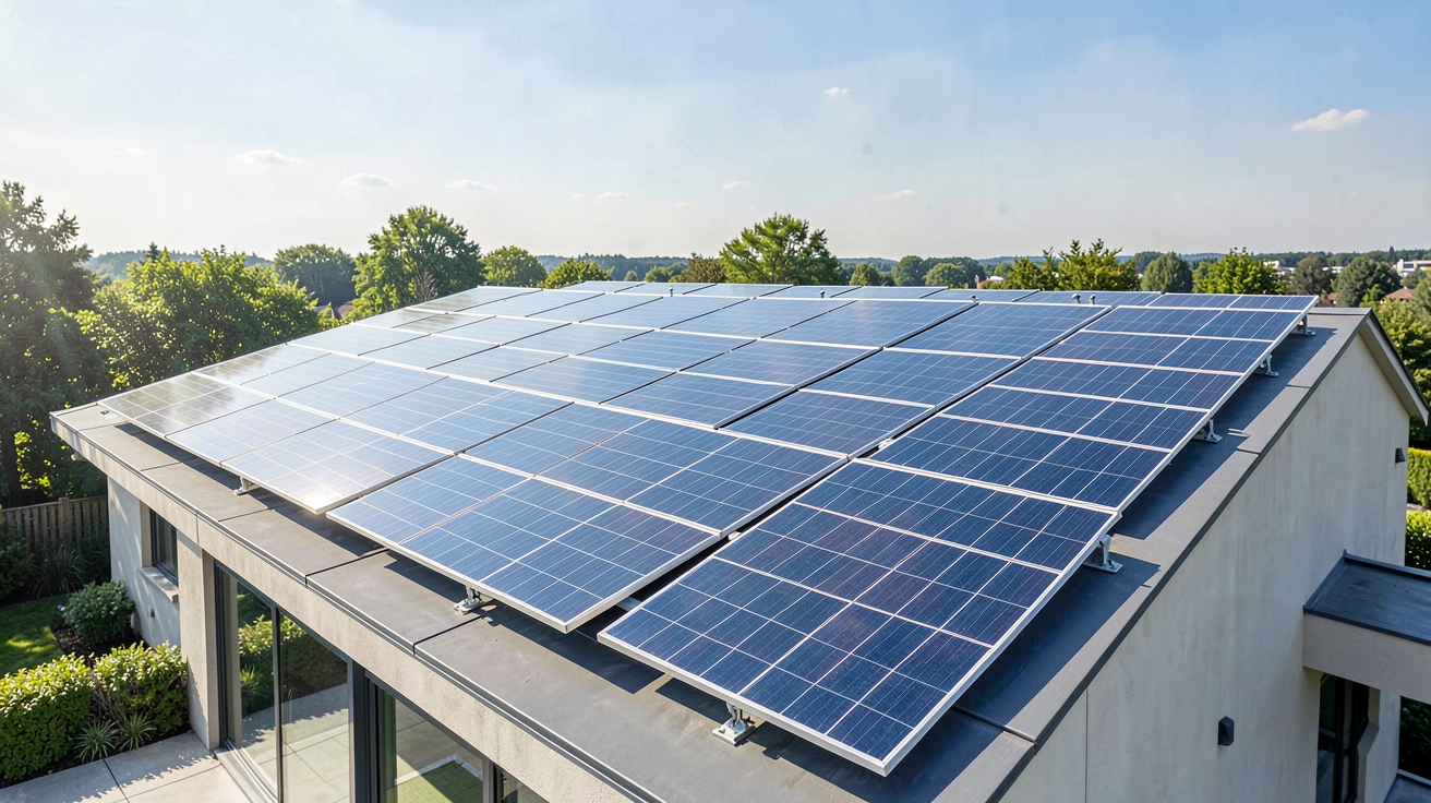 panneau solaire sunpower installé sur le toit d'une maison moderne, mettant en avant les cinq avantages clés de la marque sous un ciel ensoleillé