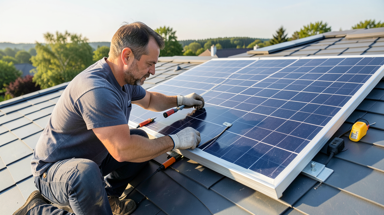 panneau solaire SunPower Maxeon en cours d'installation sur un toit résidentiel par un technicien