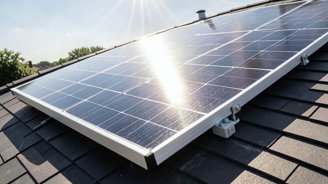 panneau solaire SunPower Maxeon installé sur un toit avec des rayons de soleil mettant en valeur ses performances et son rendement élevé