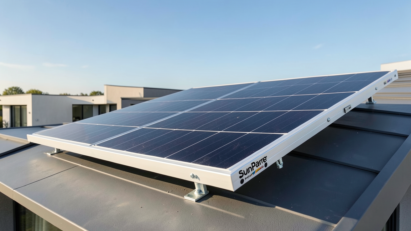 panneau solaire SunPower de dernière génération posé sur un toit résidentiel moderne avec détails techniques visibles
