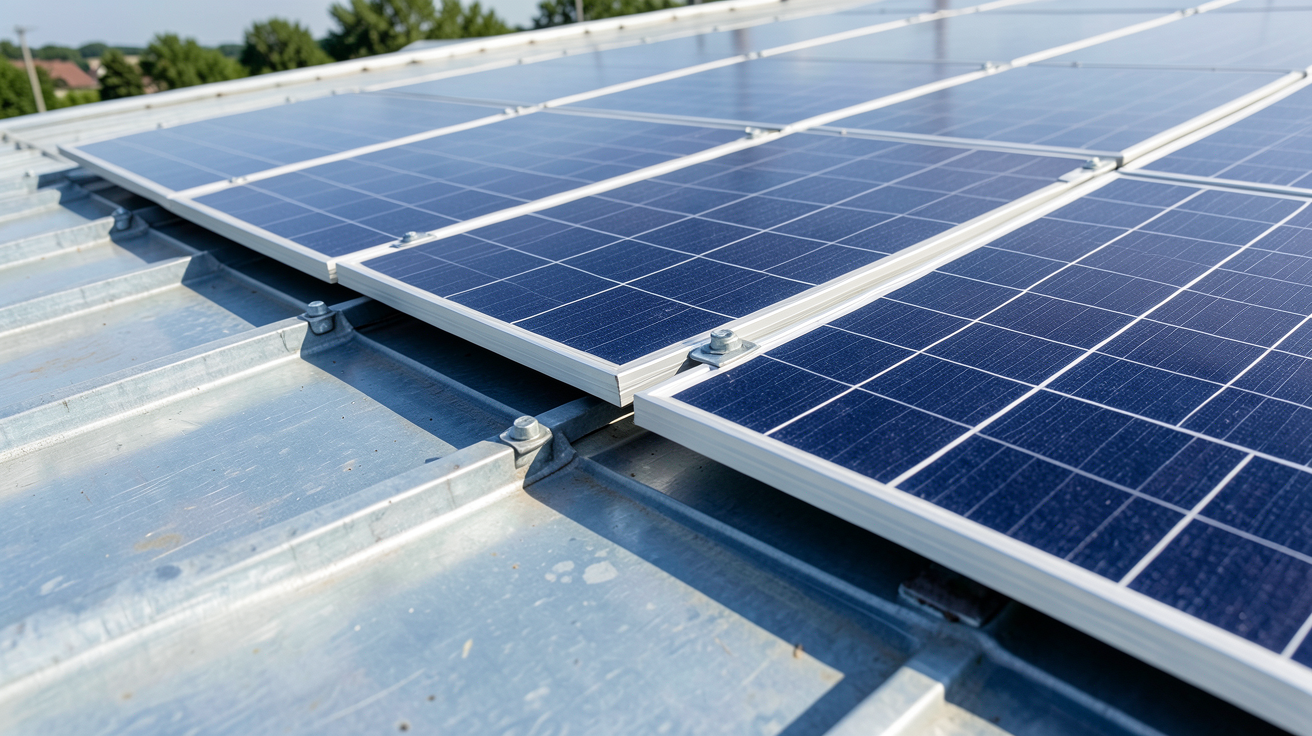 panneau solaire sur bac acier installé sur une toiture métallique moderne