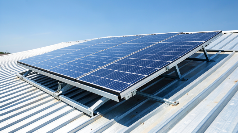 panneau solaire sur bac acier installé sur une toiture métallique industrielle