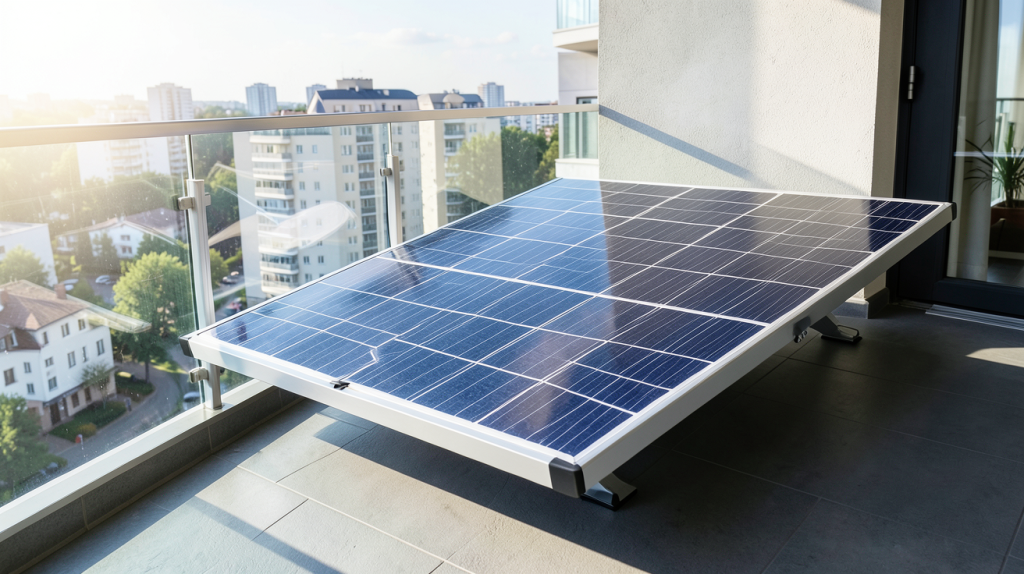 panneau solaire sur balcon installé sur la rambarde d'un appartement moderne, sous le soleil, vue nette et détaillée.