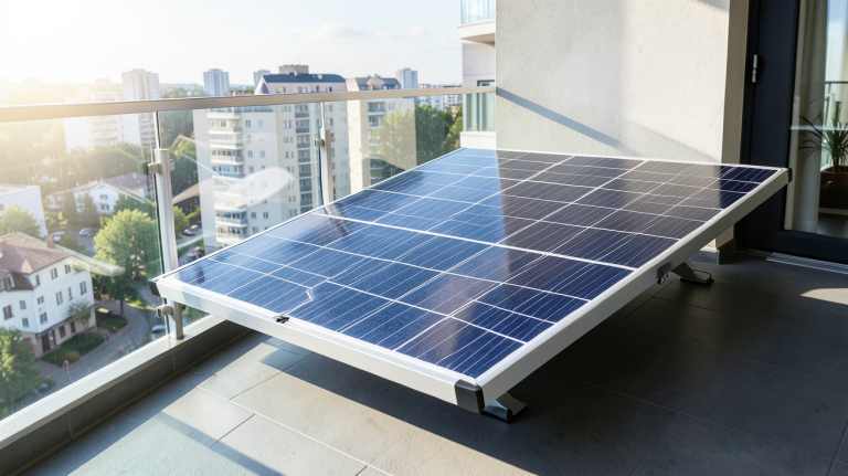 panneau solaire sur balcon installé sur la rambarde d'un appartement moderne, sous le soleil, vue nette et détaillée.