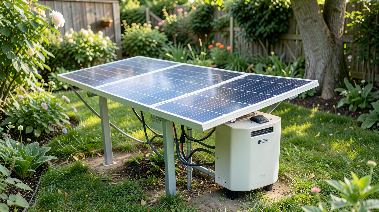 panneau solaire sur batterie montrant une installation domestique avec batterie de stockage reliée aux panneaux
