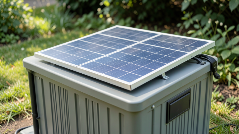panneau solaire sur batterie installé sur le toit d'une maison contemporaine sous un ciel bleu