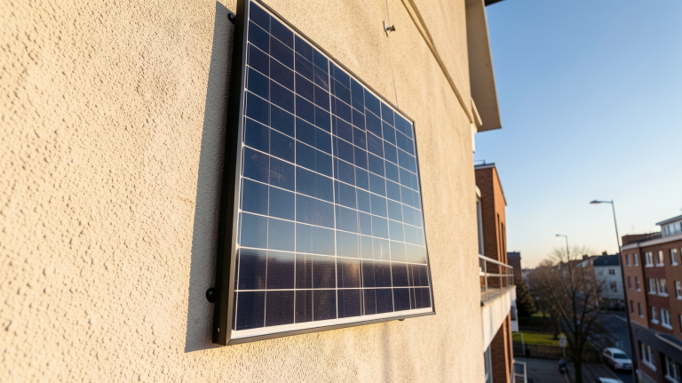 panneau solaire installé verticalement sur un mur extérieur d'une maison en milieu urbain