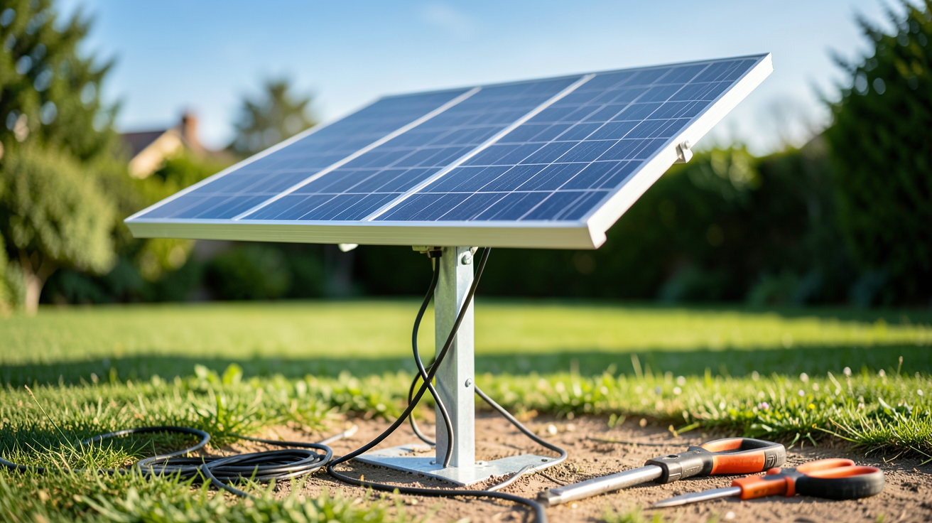panneau solaire sur pied en cours d'installation dans un jardin résidentiel